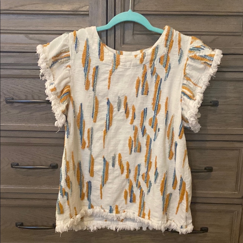Fringed Boho Top with Orange and Blue Pattern